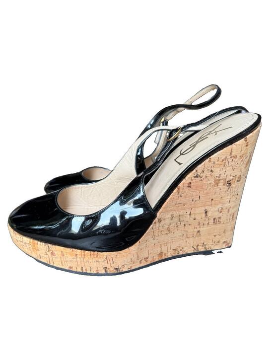 Saint Laurent Shoes - Yves Saint Laurent YSL Rive Gauche Cork Wedge Sandals Black Patent EU 39 US 8.5